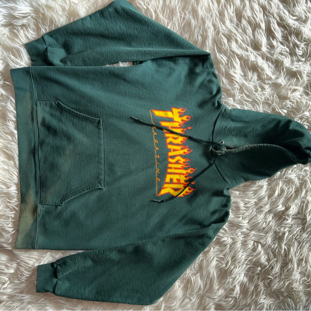 Thrasher Green Hoodie with Navy Accent and White Logo Tag
